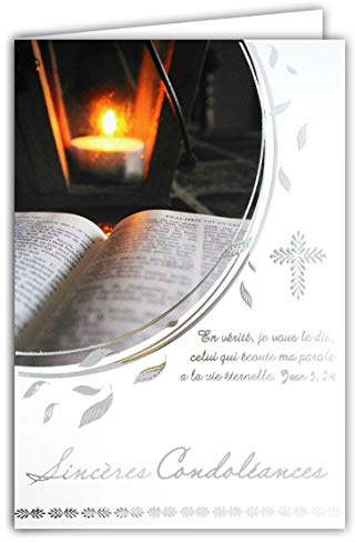 AFIE 64-1069 Carte Sincères Condoléances avec Enveloppe Blanche - Décès et Deuil - Texte Argenté Qui Brille Croix Chrétienne Catholique - Fabriquée en France