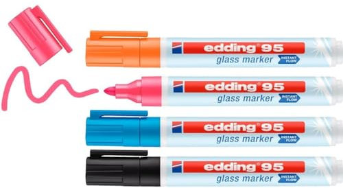 edding 95 glass marker - multi-coloured light - 4 glass pens - round nib 1.5-3 mm - washable window marker pen - for writing and marking on glass surfaces, windows,glassboards,whiteboards-dry-wipeable