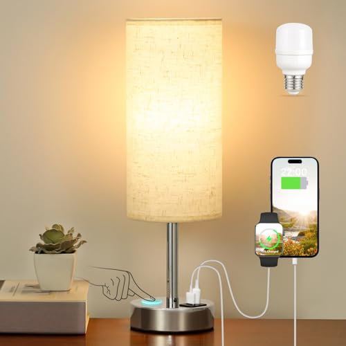 Kakanuo Nachttischlampe Touch Dimmbar, Tischlampe mit Ladefunktion USB A+C-Anschlüssen LED-Birne, Weißer Leinen-Lampenschirm Metallfuß, Kleine Lampe für Schlafzimmer Wohnzimmer Babyzimmer Büro