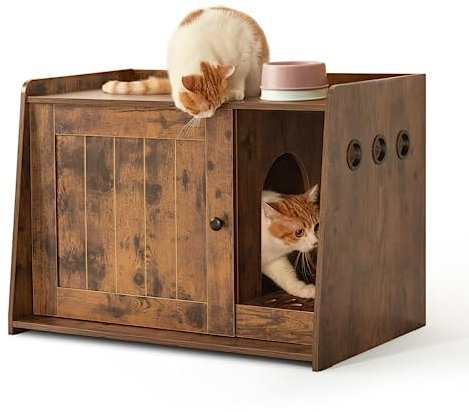 Mondeer Cat Litter Box Enclosure, Wooden Kitty Hidden Washroom Toilet with Door and Holes, Industrial Indoor Cat Houses for Living Room Bedroom Hallway, Rustic Brown
