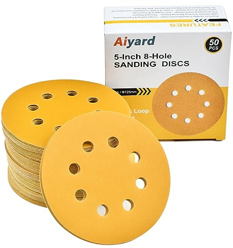 Aiyard 5-Inch 8-Hole Hook and Loop Sanding Discs 320-Grit Random Orbit Sandpaper, 50-Pack