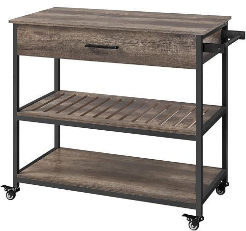 Yaheetech Servierwagen mit Schublade Küchenwagen mit 2 Ablagen Rollwagen Küchenrollwagen mit 4 Rollen Küchenregal Bewegliche Kücheninseln Beistelltisch 109,5 x 51 x 92 cm, Taupe