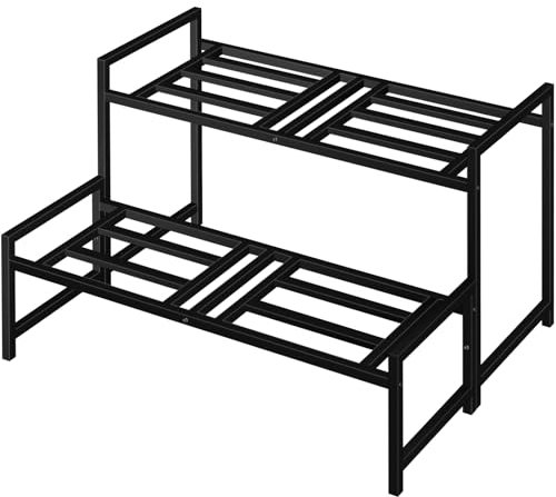 Lilybud--lily Plant Stand Indoor Outdoor, 2-Tier Wrought Iron Plant Stands, Stackable Metal Plant Shelf Decorative Outdoor Flower Stand Heavy Duty Pedestal Stands for Garden Deck Living Room, Black