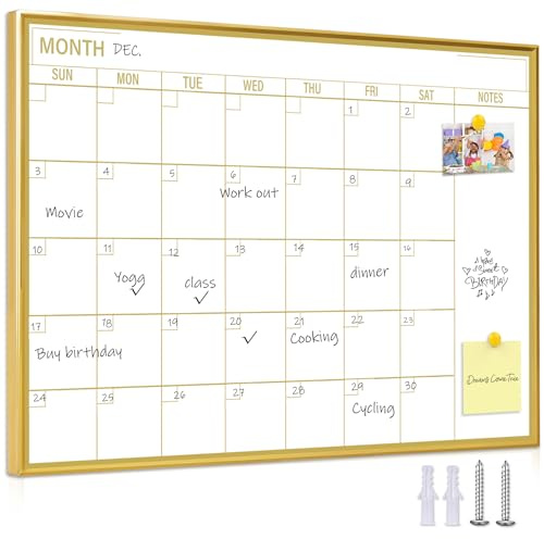 Marribol Golden Monthly Dry Erase Calendar Whiteboard for wall-16X12 Portable Aluminum Frame,Magnetic Calendar White Board,Wall Planner Dry Erase Board for Office, Kitchen, School, Home-GG