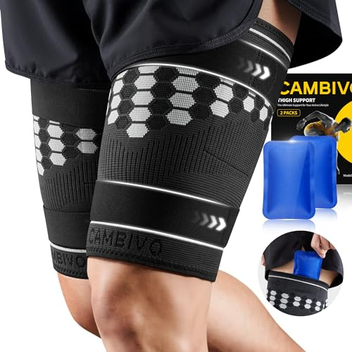 CAMBIVO Musleras Compresion Hombre Mujer x2, Muslera Compresión Ajustable, Musleras Elásticas Deportiva, con Paquete de Gel Frio/Caliente, para Calambres Musculares, Cuádriceps, Isquiotibiales