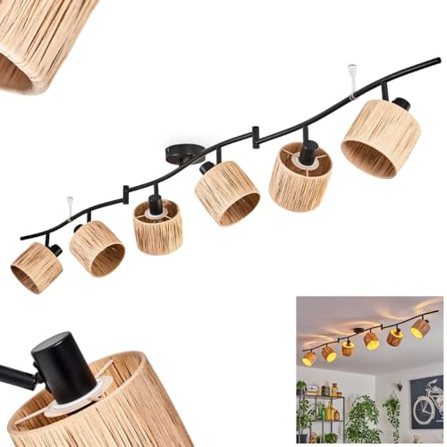 HOFSTEIN Ceiling Light Granja, Modern Ceiling lamp, Metal/Bast, Black/Natural Colours, Scandinavian Design with Adjustable spotlights, 6 x E14, Living Room, Bedroom, Office, workspace, corridors
