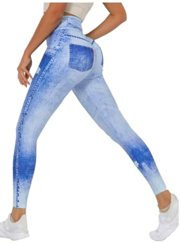 Gellmall Women Jeans Optics Leggings High Waist Yoga Pants Printed Jeggings Elastic Jeans Ladies Long Skinny Fitness Pants Tights L Blue