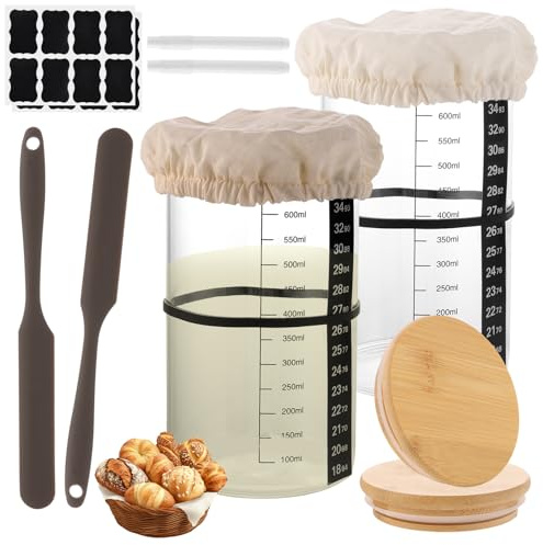LDHHYH Pack de 2 kit Masa Madre, Tarro Masa Madre 24 oz de Cristal con Tapa Bambu, Termometro, Espatula y Banda, Frasco Fermentacion para Pan Casero y Cocina
