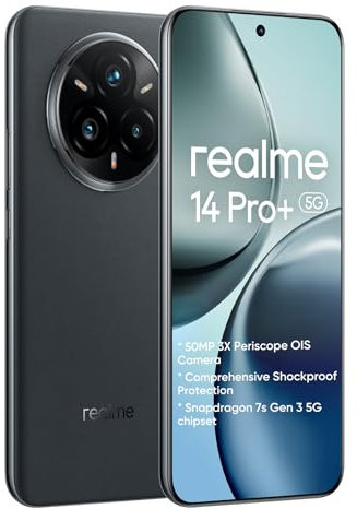 realme 14 Pro+ 5G Smartphone 8+256GB,50MP IMX882 Periscope,Processore Snapdragon 7s di terza generazione,Display quad-curvo da 6,83 pollici 120Hz,batteria Titan 5260mAh,Nero