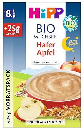 HiPP BIO Milchbrei Gute-Nacht Hafer Apfel (4 x 475g), ab 8. Monat, ohne Zuckerzusatz, mit Bio-Vollkorngetreide und Bio-Früchten, in bester Bio-Qualität