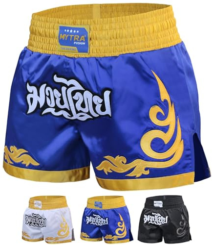 Mytra Fusion Pantalones Cortos Muay Thai Hombre Mujer – Slim Fit Short Length, Shorts de Kickboxing, MMA, Grappling, Entrenamiento y Artes Marciales (FR/ES, Letras, XL, Regular, Regular, Azul/Dorado)