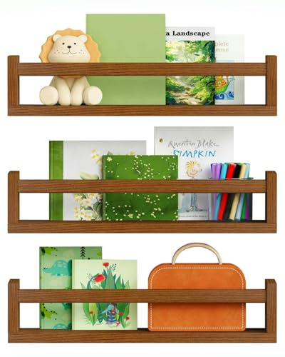 Harwaya Walnut Brown Nursery Book Shelves Wall Mounted, Wooden Floating Bookshelf for Kids Room Bedroom, Dark Wood Nursery Bookshelves for Kitchen Classroom Playroom (Solid Pine, 3-Pack)