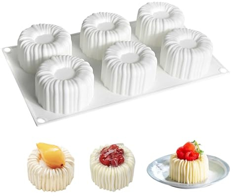 TUKEVA 6 Löcher Charlotte Silikonform Backform Silikon Backformen für Mousse 3D Kuchenform Silikon-Backformen-Kuchen Dessert Geriffelt für Schokolade, Gelee, Pudding, Mousse (Weiß, H42mm)