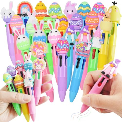 FOCone 24 Pcs Easter 4-in-1 Ballpoint Pens|Colorful Cartoon Kawaii Pens |with Easter Eggs,Rabbit,Rainbows,Chicken,Cute Ballpoint Pens|Bulk Fun Gift Pens Easter gift exchange Easter filling