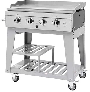 METRO PROFESSIONAL Barbecue a Gas con 4 Bruciatori e Piastra, 85x50 cm, Acciaio Inox, con Ruote e Telo di Copertura, Argento, 14.8 kW