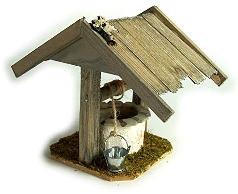 Krippenbau-Lewen Brunnen mit schindeldach für Weihnachtskrippe, Holz grau gebeizt 14x14x11 cm.
