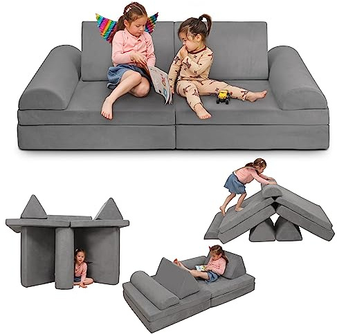Betterhood Play Couch Sofa for Kids Large Size, Modular Kids Play Couch, Foam Building Fort for Playroom Bedroom, Children Convertible Cushion for Boys and Girls, Grey
