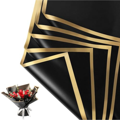 20 hojas de papel de regalo de flores con borde dorado, suministros de ramo de floristería, impermeable papel de regalo o caja de regalo papel de embalaje, 23 x 23 pulgadas (negro)