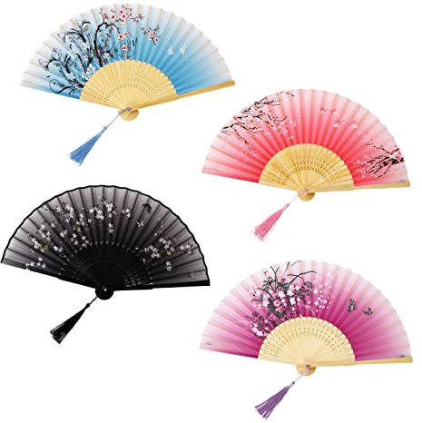 4 Pack Folding Fans, Handheld Silk Fabric Folding Hand Fans with Tassel Hollow Carved Handheld Folding Fan, Wooden Chinese/Japanese Hand Fans Folding Held Fans for Women Wedding Party Wall Decoration