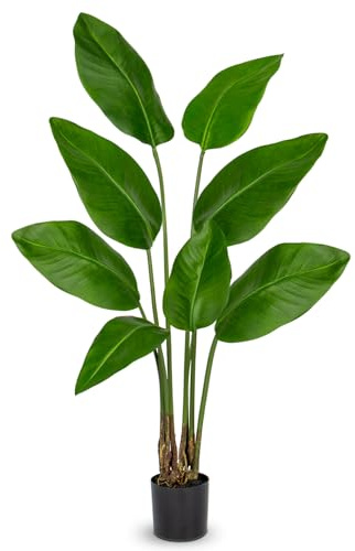 Oairse Artificial Bird of Paradise Plant in Pot 4ft/120cm Fake Tropical Palm Tree with 8 Leaves, Large Faux Plantain Banana Leaf for Indoor Outdoor House Home Office Balcony Decoration
