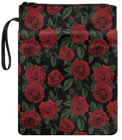 Poceacles Rose Floral Blätter Buchhülle Mit Reißverschluss - Waschbarer Buchschutz für Taschenbücher, Hardcover, Notizbücher - Tragetasche für Buchliebhaber