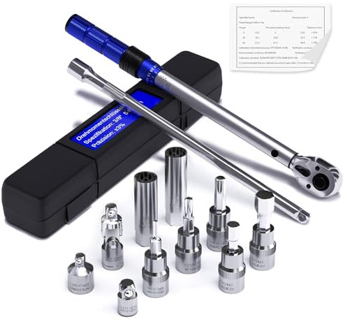 MOCINE Clé Dynamométrique 3/8, 5-60 Nm, Avec Adaptateur 3/8 vers 1/2 et 1/4, Tige d'Extension de 250 mm, Douille de Bougie d'Allumage, Tête à Cliquet, Vélo & Bougies d'Allumage Set de 13 Pièces.