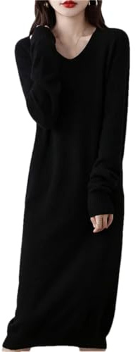 Abito da donna in lana lavorato a maglia con scollo a V lungo, Nero , S
