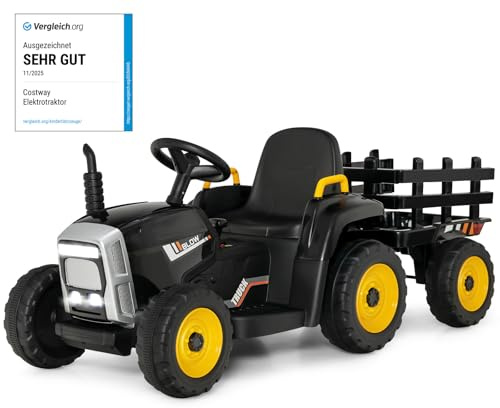 COSTWAY 12V Tracteur Électrique Enfants avec Pelle & Remorque Amovible, Véhicule Électrique à 6 Pneus avec Lumière LED & Musique & Klaxon, Télécommande 2,4G, 3-8km/h pour Enfants de 3 Ans+