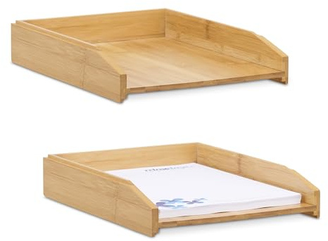 Relaxdays Brevfack set om 2, tillverkad av bambu, DIN A4-storlek, stapelbar dokumentförvaring, för skrivbord och kontor, natur