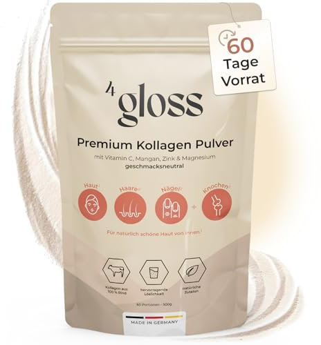 4gloss® Kollagen Pulver Hochdosiert [500g, 60 Tage Vorrat] - Bioaktives Collagen Hydrosolat - Peptide Typ 1 & 3 - Mit Vitaminen - Geschmacksneutral - Schnelle Löslichkeit - Made in Germany