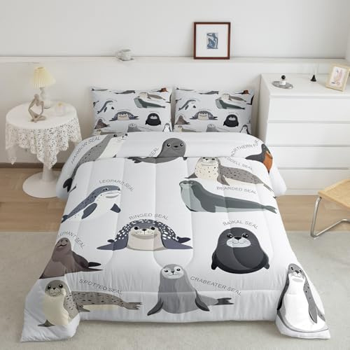 Feelyou Kids Cartoon Seal Comforter Set Toddler Size Cute Ocean Marine Animal Bedding Set for Boys Girls Teens Sea Creature Decor Comforter Seal Collection Duvet Set Bedroom Quilted