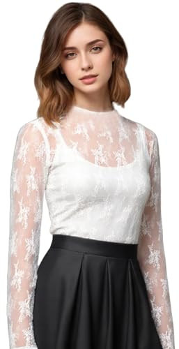 Mesh Top Women's Sexy Top Glitter Mesh Top Transparent Blouse Long Sleeve Transparent Lace Top Sheer Mesh Blouse for Party Club Festival, White, One Size