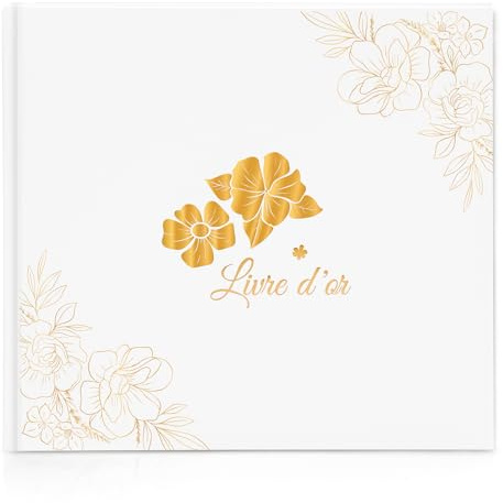 Livre d'or Mariage Vierge avec 40 Autocollants floraux,48 Pages Doubles,Fabriqué Papier épais Haute Qualité-Dimensions:21x23cm,Couverture Rigide Guest Book pour Mariage,Baptême,Anniversaire-Blanc