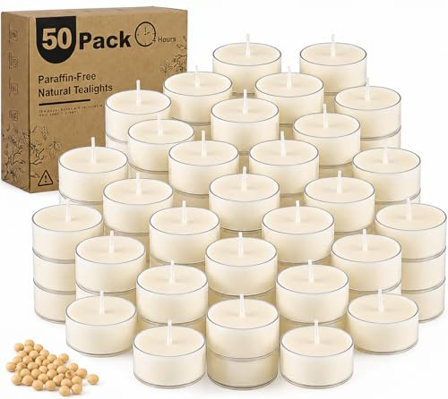50 Pack Soy Wax Tealights, Unscented Tealight Candles in Clear Cup 4 Hours Burning Time Paraffin-Free for Weddings, Events, Home Decor,Emergency Use