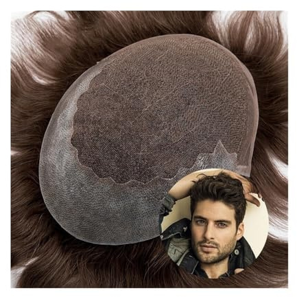 Uso Masculino Prótesis capilar for Hombre, Transpirable, con Parte Superior de Encaje francés y Piel PU en la Posterior, tupé Cabello Humano marrón n.° 4 Cabeza de Peluca(8x10)