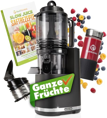 Nutrilovers Slow Juicer NUTRI-PRESS MAX+ Ganze Früchte entsaften Entsafter mit XXL 150 mm Öffnung, BPA-frei inkl. Saft-Flasche, Slow Juice Rezeptbuch
