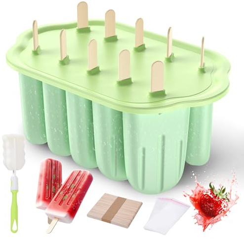 Stampi per Ghiaccioli in Silicone, Silicone Stampi per Gelato senza BPA, 10 Cavità Formine Ghiaccioli Riutilizzabili, Stampi per Ghiaccioli Spazzola per la Pulizia e Coperchio, per DIY Ghiaccioli