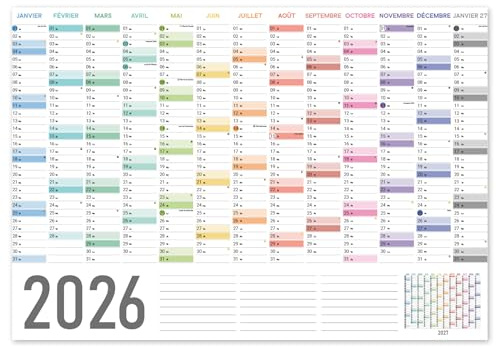 Panorama Calendrier Mural 2026-70x100 cm - Organisateur Frigo Annuel, Mensuel en Français - Agenda 2026 en Grand Format et Mini - Papier 250 g.