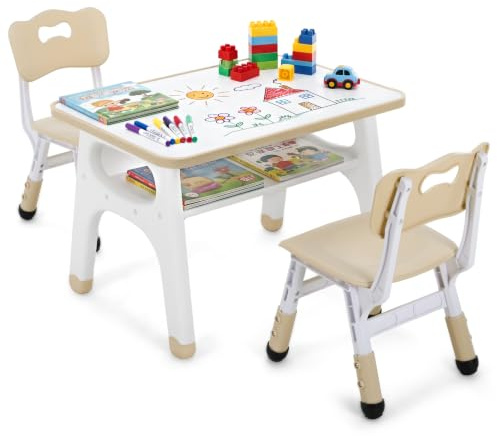 MAMIZO Set för barnbord, barnstolsgrupp med 2 höj- och sänkbara stolar, målbord för barn med målad bordsskiva och förvaringsutrymme, multifunktionellt barnbord 70 x 50 cm, grått (gul)