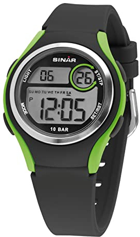 SINAR Jungen-Armbanduhr Jugenduhr Sportuhr Outdoor Digital Quarz 10 bar mit Silikonband und Licht Schwarz Grün XE-64-3
