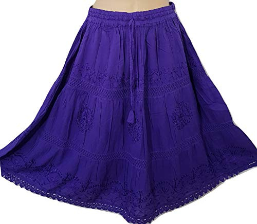 Doorwaytofashion Womens Knee Length Cotton Skirt Tiered Embroidered Adjustable Waist Lined One Size 8 10 12 14 16