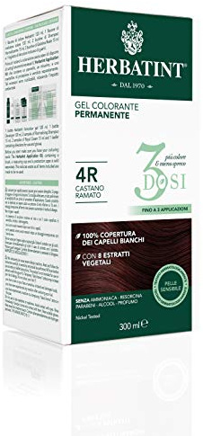 Herbatint Gel colorante permanente 3 dosis, 300 ml – 4R castaño cobrizo, sin amoniaco, para pieles sensibles, cobertura 100% de cabellos blancos, con 8 extractos naturales biológicos
