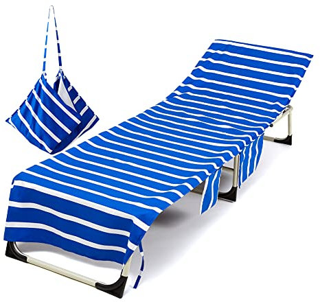 Morbuy Beach Chair Cover, Solid color Striped Lounger Bags with Pockets Sunbed Towels Fitted Microfiber Sun Lounger Towels for Summer Outdoor Pool Vacation Travel (Blue)