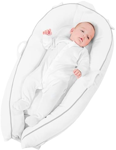 Kally Sleep Baby Nest Pod for Newborn and Babies 80x45x15, Baby Lounger for 0-8 Months Boys Girls, 100% Quilted Cotton Waffle - White