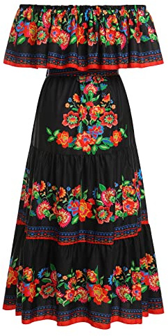 Mexican Dress for Women: Traditional Fiesta Outfit Cinco De Mayo Bohemian Floral Print Boho Summer Dresses for Women 2023 Beach Gown Mexico Clothes Maxi Party Black X-Large