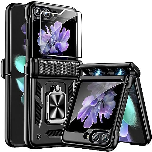 Fewdew for Samsung Galaxy Z Flip 5 Case with Back Screen Protector & Hinge Protection,360° Rotate Ring Magnetic Kickstand Heavy Duty Protective Armor Case for Samsung Galaxy Z Flip 5 5G,Black