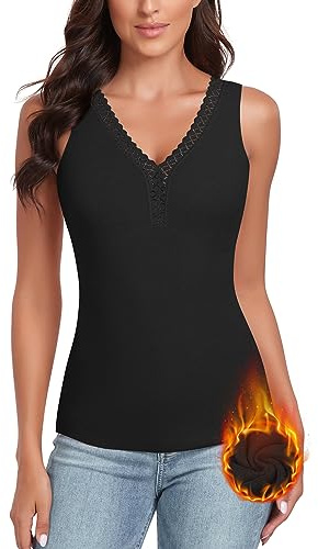 WOWENY débardeur Femme avec Dentelle Thermique sans Manches Hiver Chemise Thermique col en v Chaud Gilet Maillot de U14caraco,Noir,L