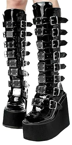 tinetill Donna Stivali con Plateau Punk Gotico Zeppe Alti Al Ginocchio con Zeppa Goth Invernali da Cavaliere con Cerniera con Tacco Grosso