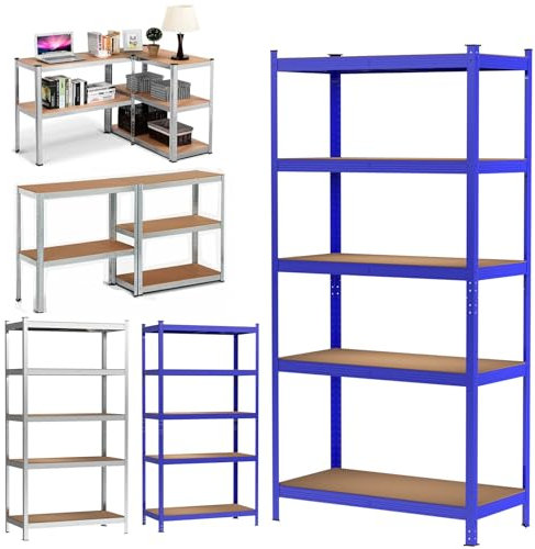 Royalswill Scaffale per carichi pesanti, 200 x 100 x 50 cm, blu in metallo, durevole, per cantina, officina, 5 ripiani regolabili in MDF, portata fino a 875 kg, per cantina, garage, dispensa
