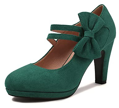elerhythm - Tacones Mary Jane con lazo para mujer, retro, puntera redonda, con lazo, vintage, estilo Gatsby, zapatos de ante elegantes, Green, 37 EU